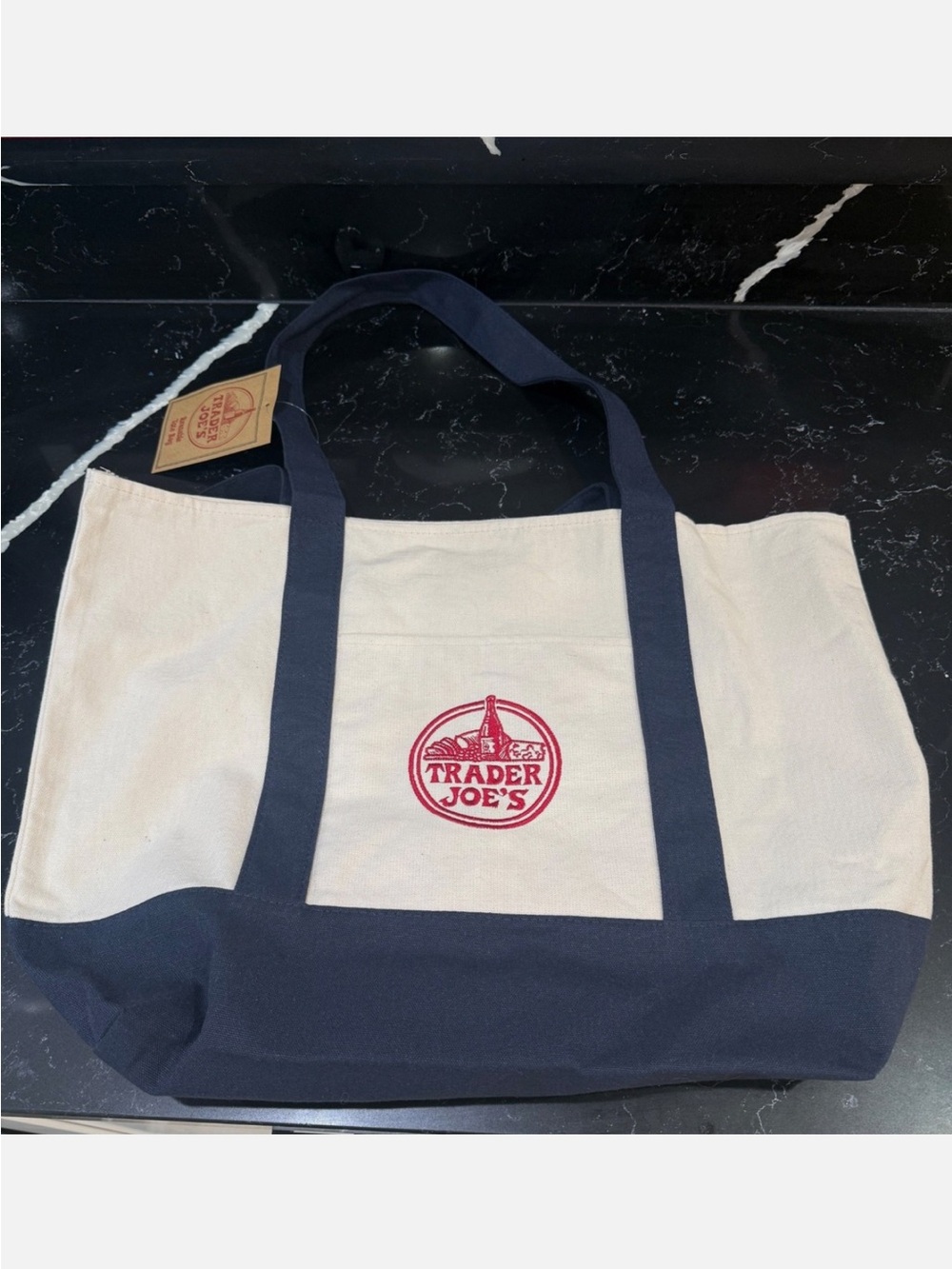 Trader Joe Canvas Tote Bag - Navy & Cream